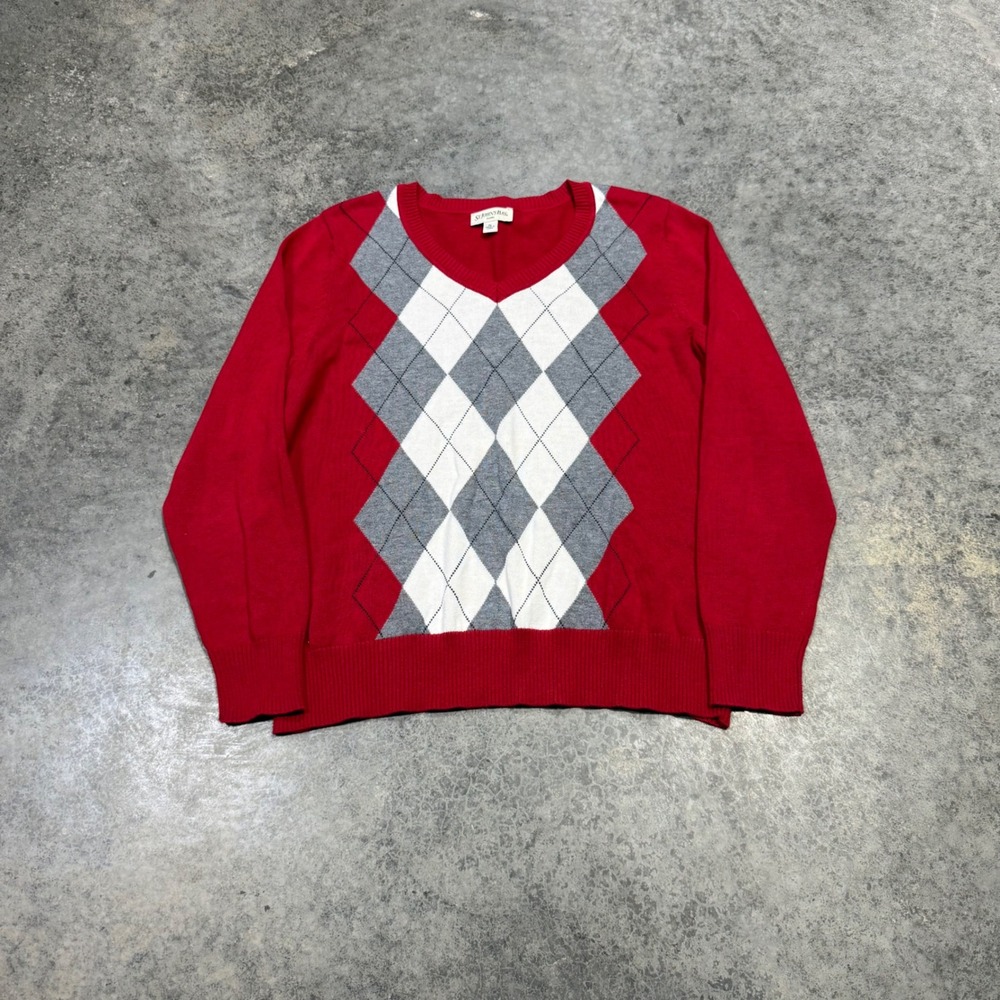 St. Johns Bay Sweater Womens PL Red Argyle V-Neck Long Sleeve Knit Petite Large
